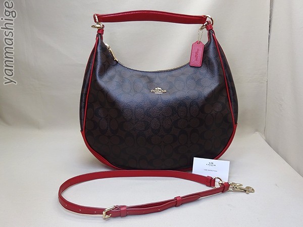 極美品 COACH シグネチャー・ホーボー 2way ショルダーxハンドバッグ F38300 ダークブラウンxレッド コーチ_画像1