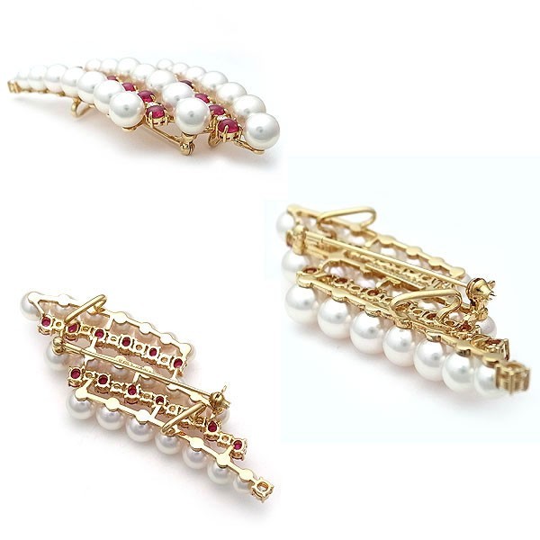 [ green shop pawnshop ] Mikimoto pearl * ruby * diamond brooch . obidome 4.6mm~7.1mm K18YG[ used ]