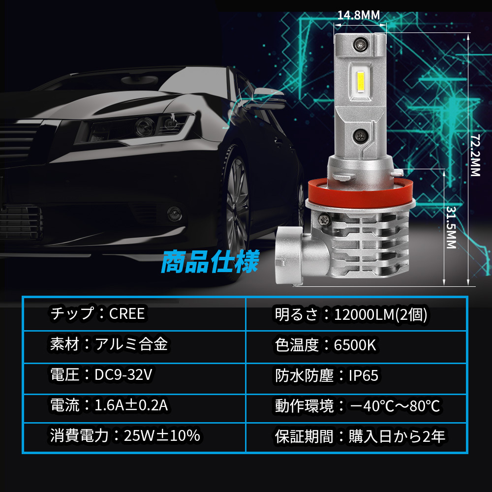 H8/H9/H11/H16 LEDヘッドライト ハイゼット DC12V 12000ルーメン 6500K 車検対応 ファンレス 一体型ポン付け ホワイト 純正交換 爆光_画像8