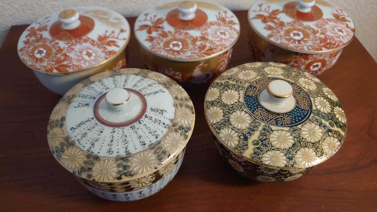 贅沢品 東山焼 赤絵人物画煎茶碗5客 共箱 直径7.7㎝ 東Y5-0612④トヒチ
