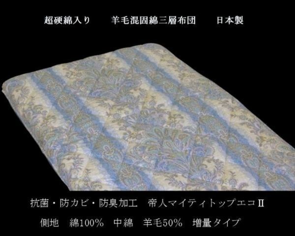 即決　超硬綿/腰痛　羊毛混固綿三層敷布団　増量タイ　日本製 ブルー_画像2