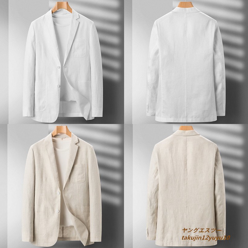 正規品 リネン ブレザー メンズ テーラードジャケット 高級 麻100% 紳士服 超レア スーツ 春夏秋 アウター デザイナーズ 二色 ホワイト L_画像3