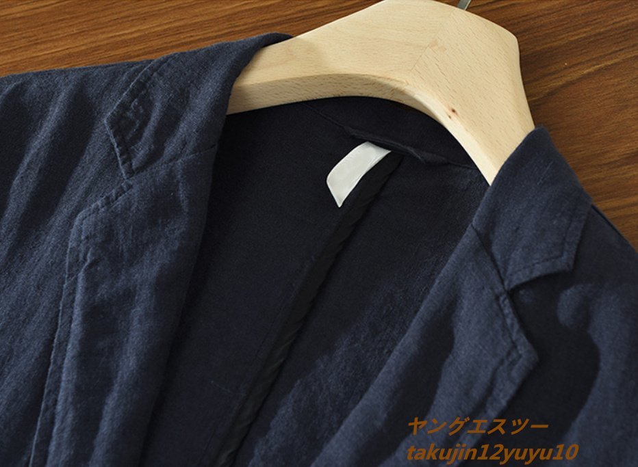 新品 リネン テーラードジャケット 麻 100% ブレザー 紳士服 スーツ 最高級 デザイナーズ 背広 無地 アウター 吸湿性 清涼感 ネイビー M_画像3