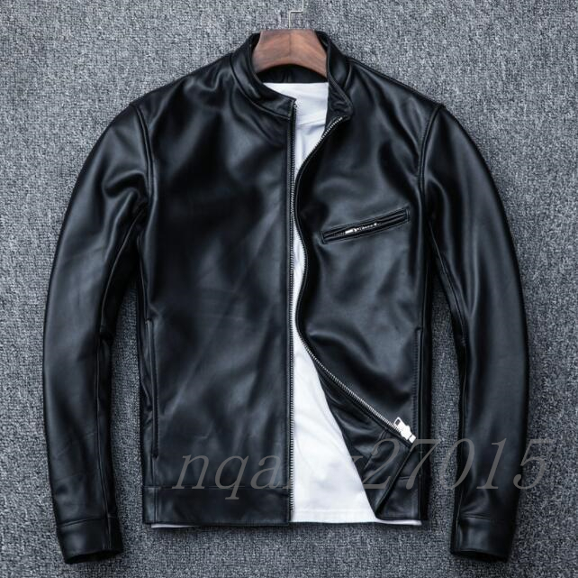 美品 シープスキン スタンドカラー シングルライダース レザージャケット ブラック サイズ イタリアンレザー _画像1