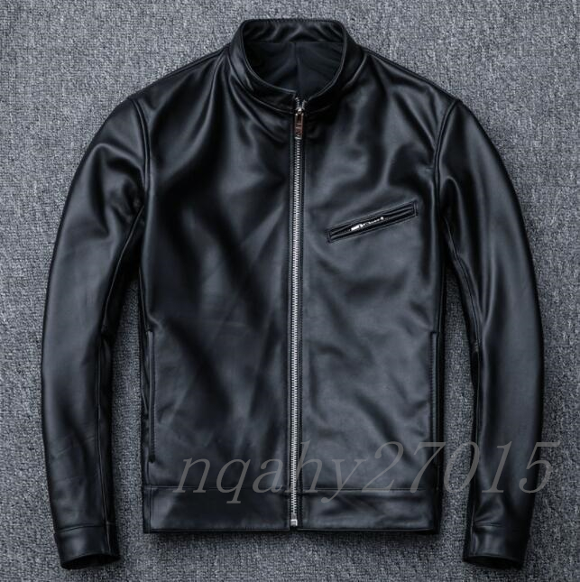 美品 シープスキン スタンドカラー シングルライダース レザージャケット ブラック サイズ イタリアンレザー _画像4