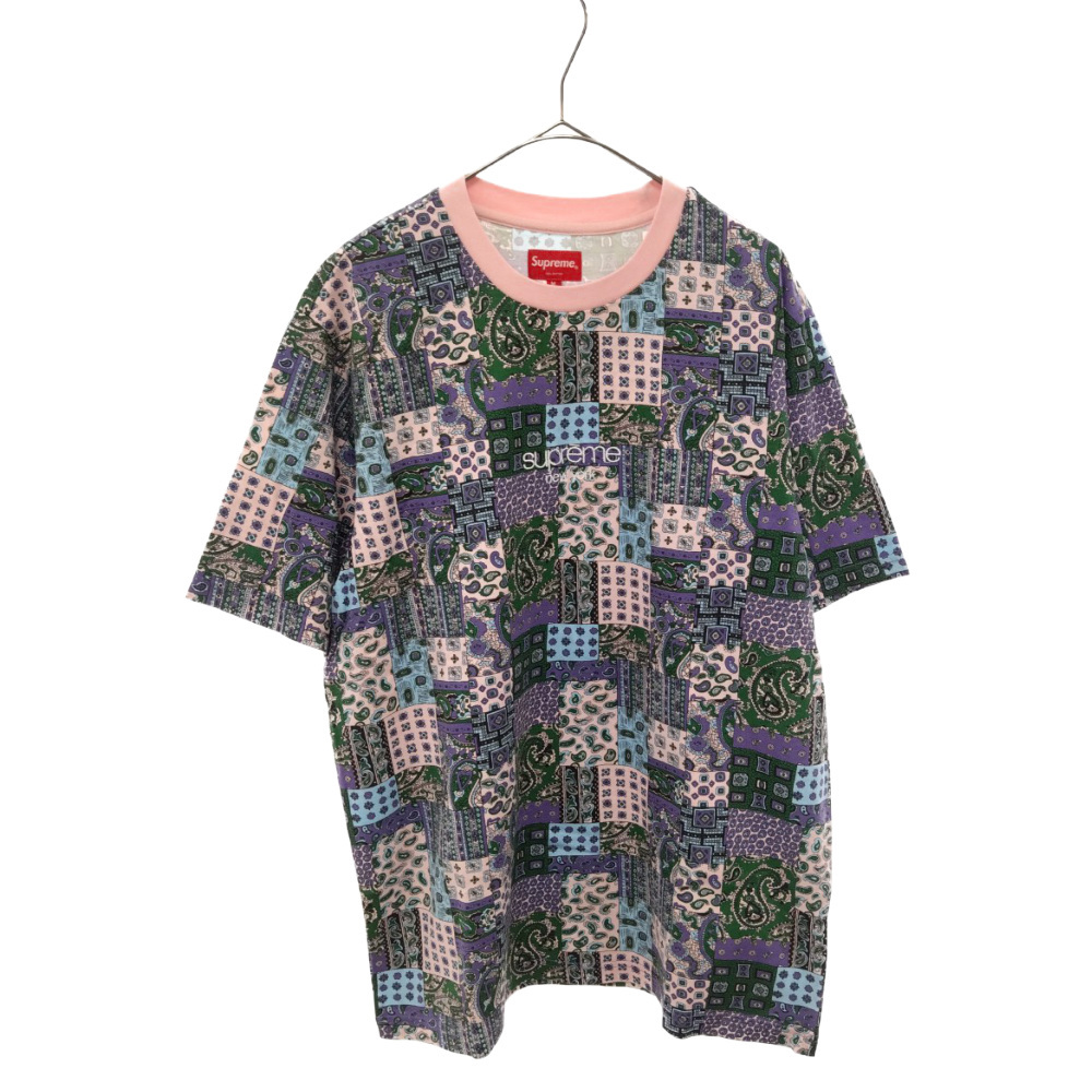 シュプリーム 19SS パッチワークペイズリー半袖Tシャツ クラシックロゴ刺繍カットソー グリーン/ピンク
