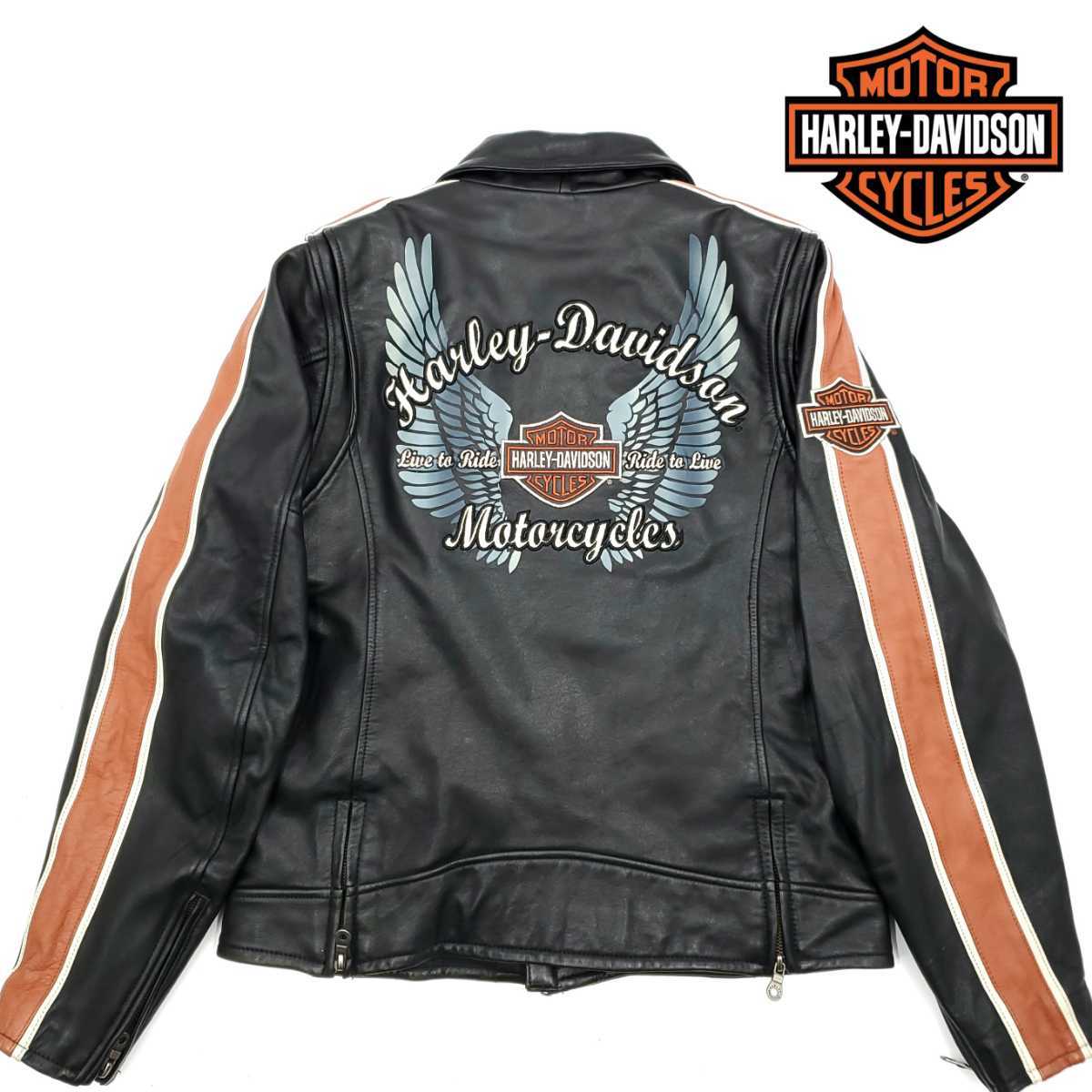 着脱式ライナー付◆HARLEY-DAVIDSON◆カウハイドレザーライダースジャケット黒メンズMシングル本皮ハーレーダビッドソン本革ジャン刺繍 489