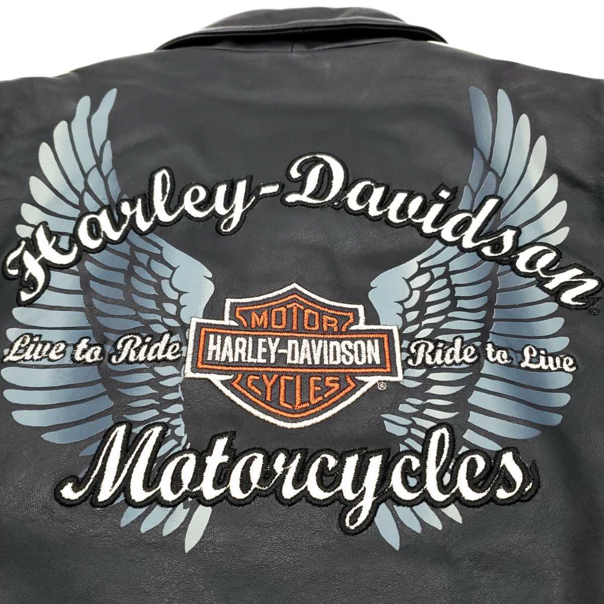 着脱式ライナー付◆HARLEY-DAVIDSON◆カウハイドレザーライダースジャケット黒メンズMシングル本皮ハーレーダビッドソン本革ジャン刺繍 489