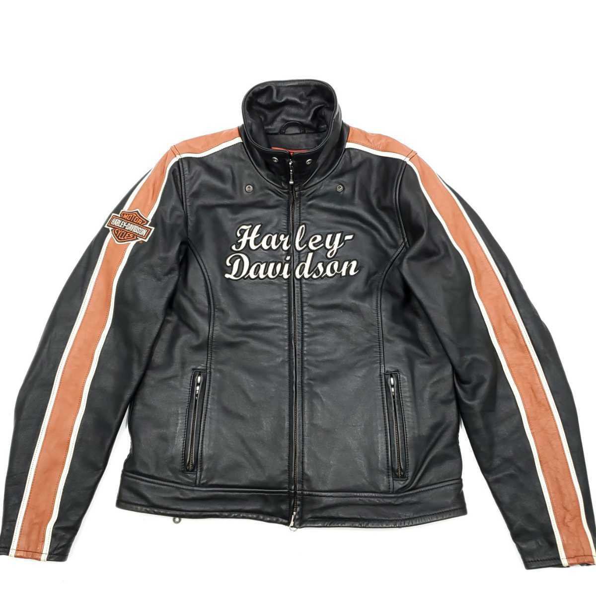 着脱式ライナー付◆HARLEY-DAVIDSON◆カウハイドレザーライダースジャケット黒メンズMシングル本皮ハーレーダビッドソン本革ジャン刺繍 489