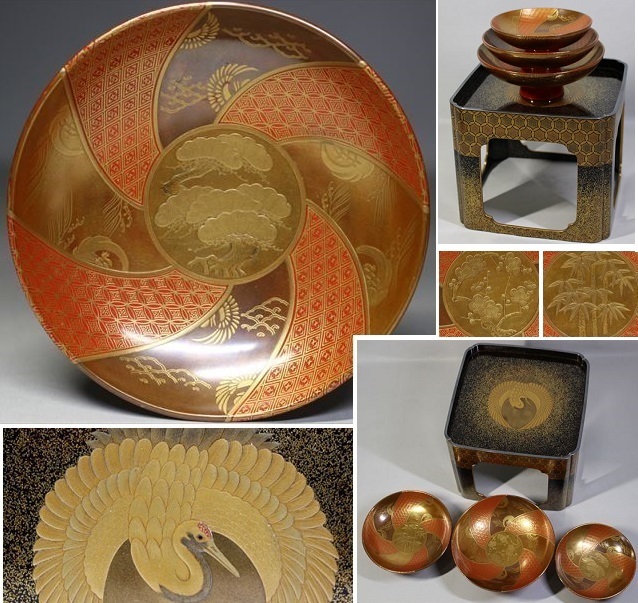 旧家蔵 黒漆塗 山水群鶴蒔絵 花月台 時代箱付・蒔絵盃台・大中小 三盃 時代物 Yahoo!オークション - 加賀蒔絵 祥瑞蒔絵三ツ組盃 鶴蒔絵盃台