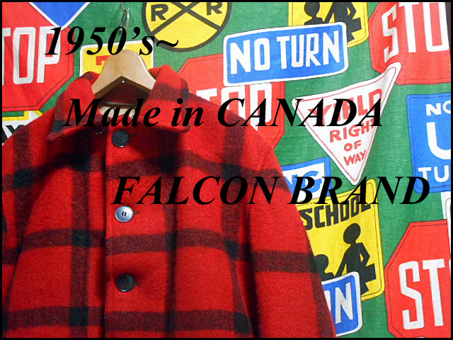 ★珍デザインの1着★Made in CANADA製カナダ製FALCON BRANDビンテージウールハンティングジャケット40s50s40年代50年代赤色×黒色チェックM_《 1950s~ FALCON BRAND 》