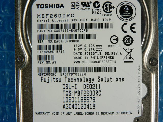 1BYG // TOSHIBA MBF2600RC 600GB 2.5インチ SAS 6Gb 10K(10000)rpm / A3C40120418 // Fujitsu PRIMERGY TX140 S1 取外 // 在庫2_画像2