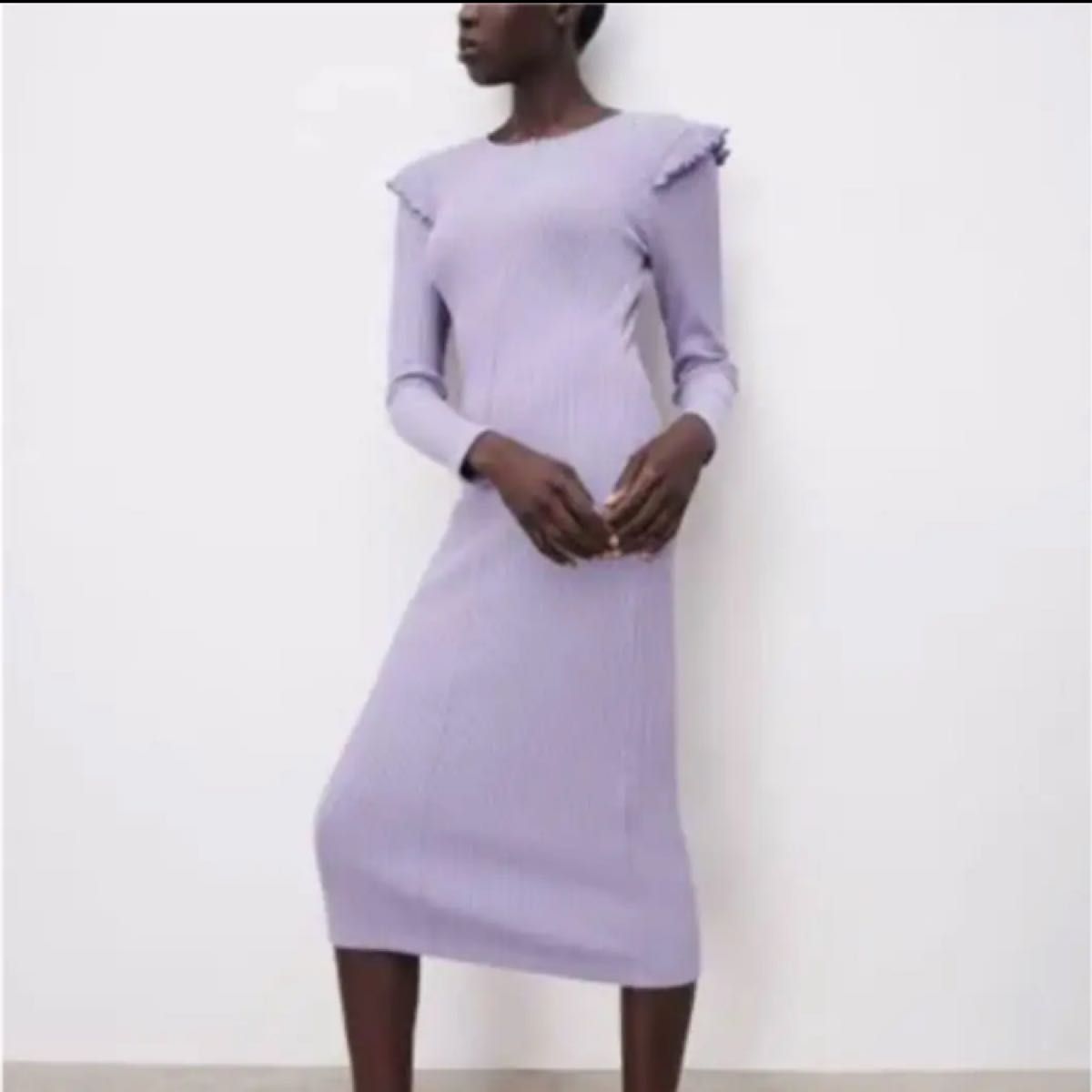 新品 未使用 タグ付き ZARA ザラ ワンピース ロング ニット リブ 紫 ニットワンピース タイトワンピース リブニット