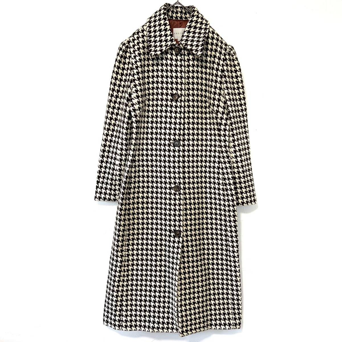 【送料無料】celine セリーヌ　千鳥格子柄　ステンカラーコート ロング　冬物　42 XL レディース　フランス製　ブラウン×ホワイト_画像2