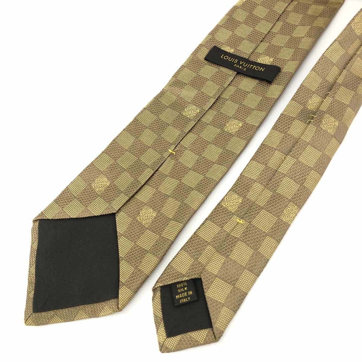 LOUIS VUITTON ルイヴィトン ネクタイ ゴールドカラー/ブラウン/イエロー シルク100％ ダミエ柄 メンズ 絹 スーツ 紳士 服飾小物