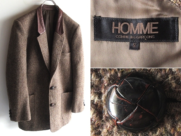  редкий первый период teka Homme 80s Vintage COMME des GARCONS HOMME Comme des Garcons Homme кожа воротник шерсть твид 2B tailored jacket S чай 