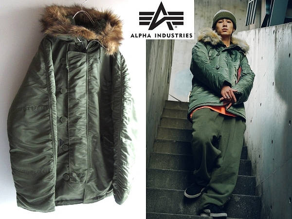 美品 赤タグ付 ALPHA INDUSTRIES アルファ N-3B GLOBAL SPEC エコダウン ファー着脱可 2WAY フライトジャケット モッズコート M オリーブ