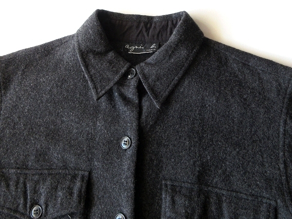  rare 90s Vintage agnes b. Agnes .- wool .. cloth CPO shirt One-piece charcoal gray feather woven coat 