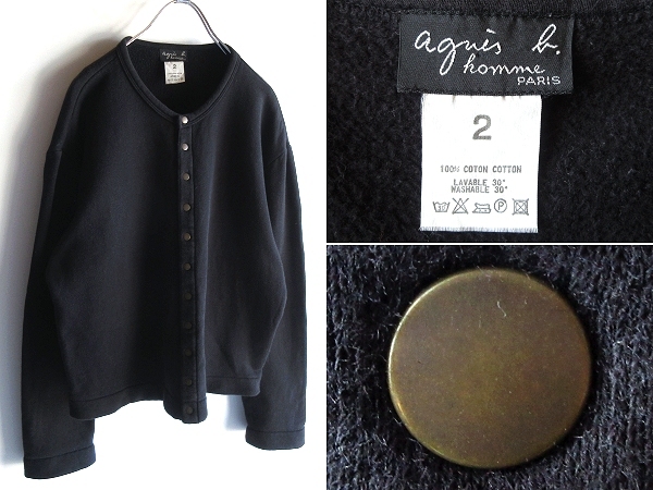 希少 90sビンテージ agnes b. homme アニエスベーオム 多連スナップボタン スウェット カーディガン プレッション 2 黒 ブラック
