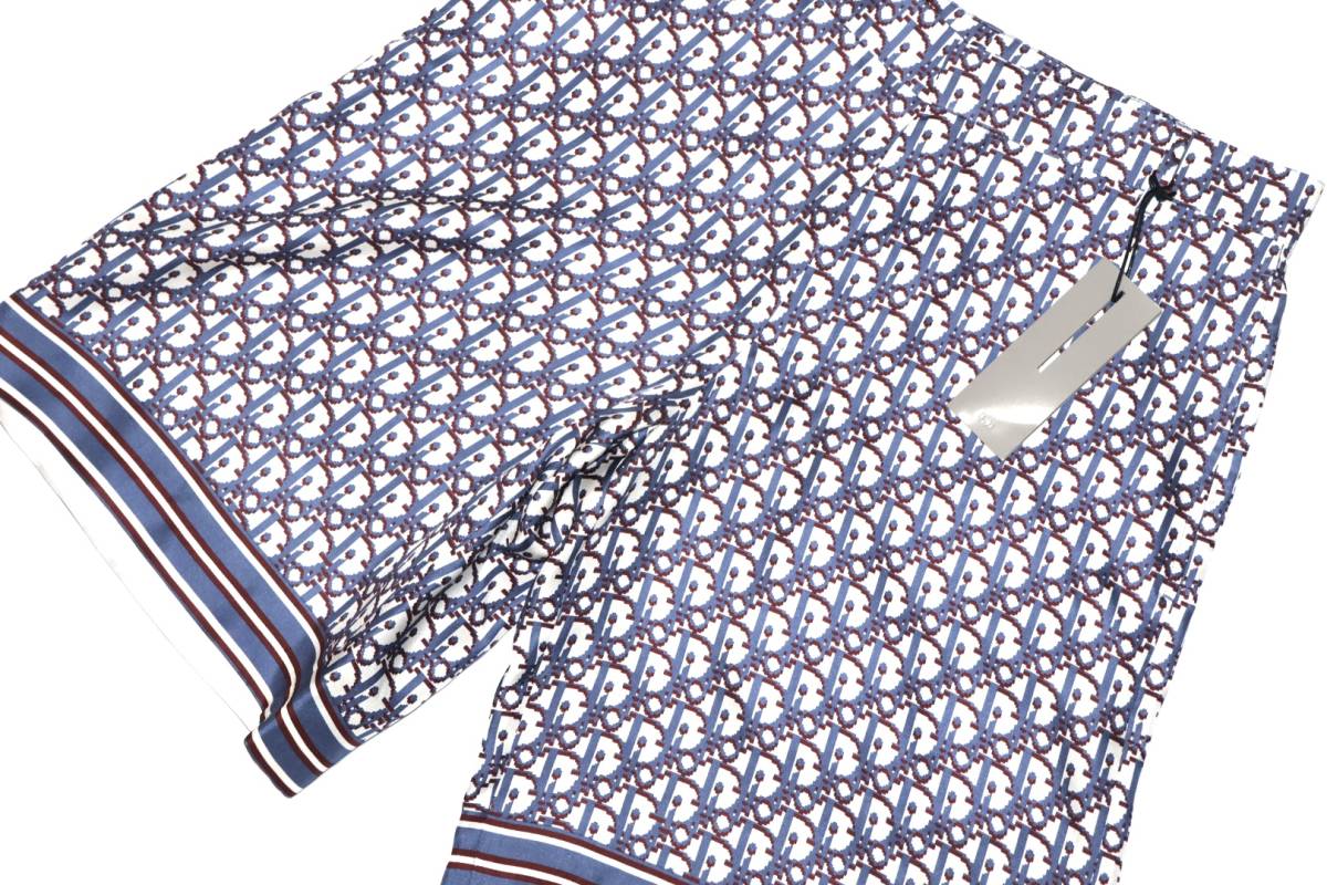 新品 DIOR 総柄オブリークシルクハーフパンツ 48 ブルー×レッド 赤 青