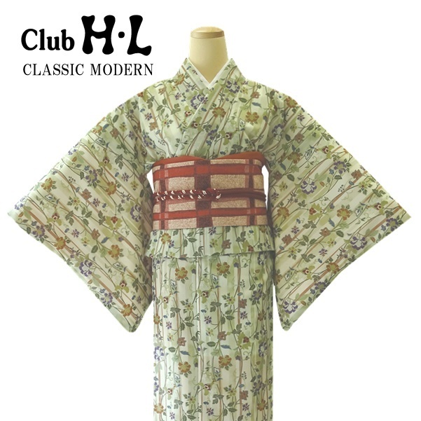 同梱不可】 【クラシックモダンきもの】【着物単品】H.L 花】 黄緑 袷