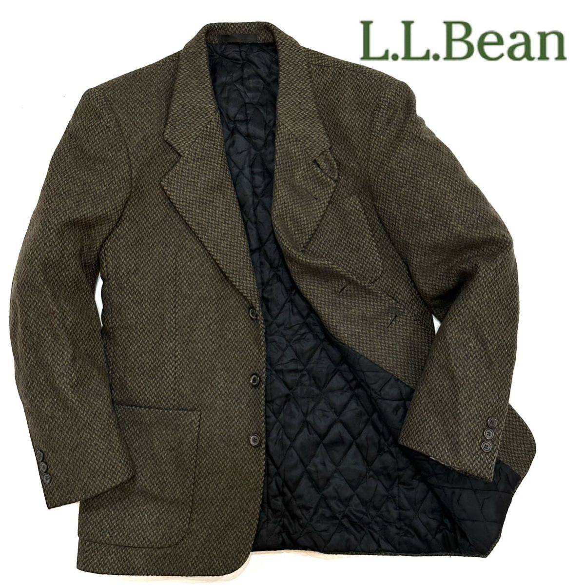 美品!!90's 80's USA製 L.L.BEAN エルエルビーン 中綿入り　肉厚ウール ツイード 3B テーラード ジャケット(S)カーキブラウン アメカジ_画像1