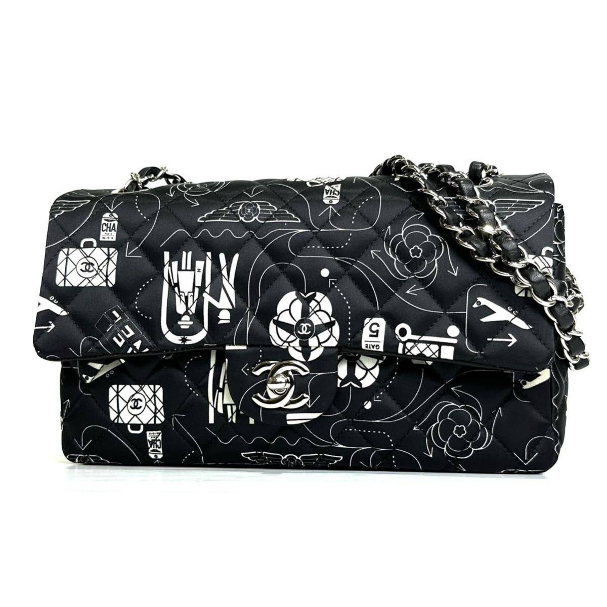 美品!!希少 限定品 16ss CHANEL シャネル エアライン Wフラップ マトラッセ25 チェーンショルダーバッグ シルクサテン シルバー金具の画像1