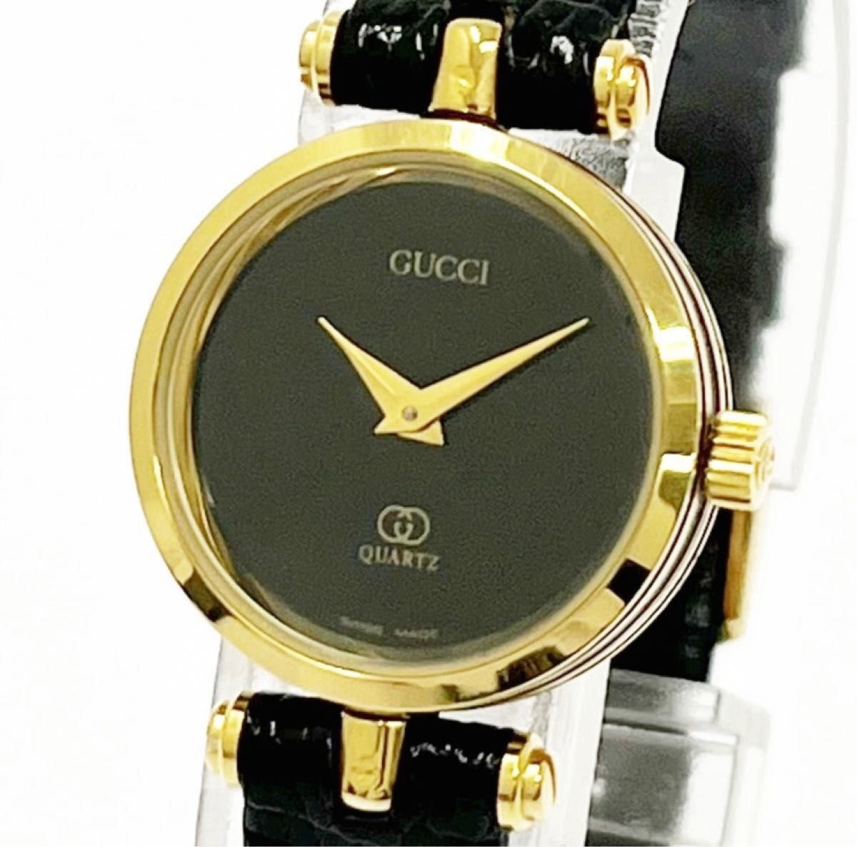 美品】 GUCCI グッチ GP×革ベルト ブラック文字盤 クオーツ レディース