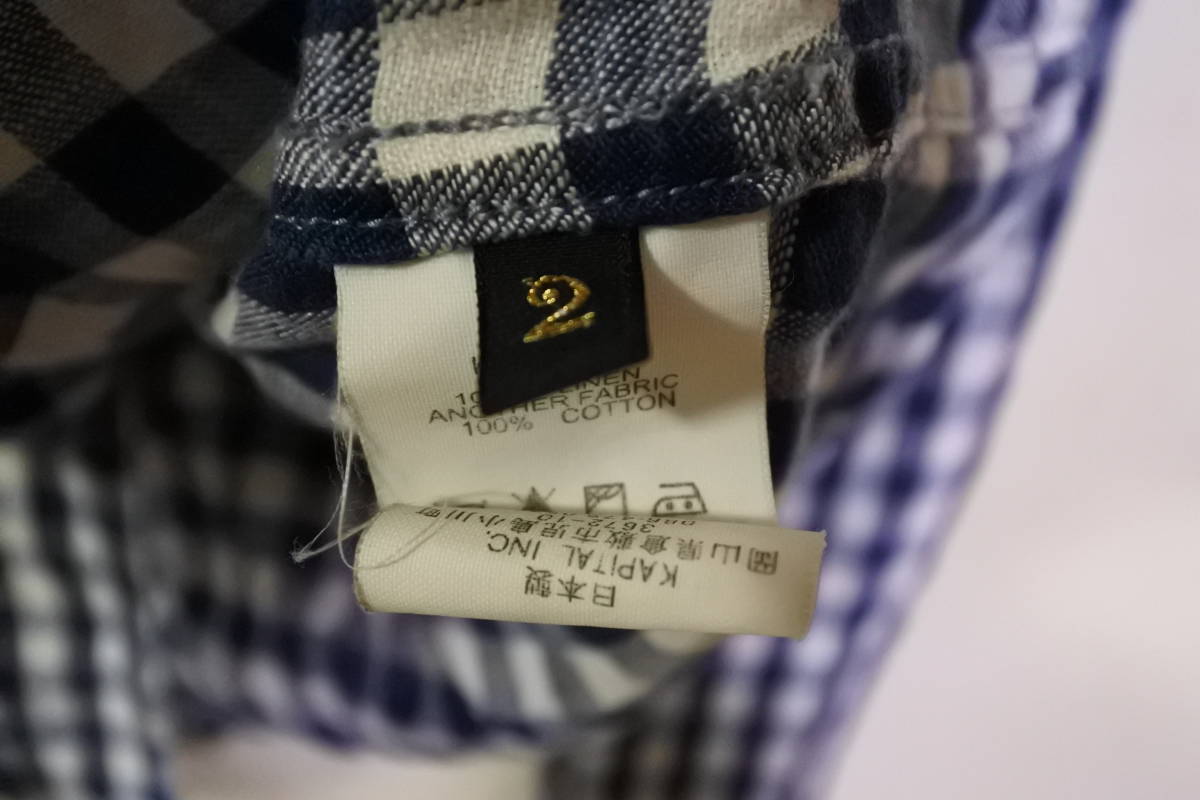 KAPITAL キャピタル リネン シャツ ジャケット size 2 ネイビー×ホワイト チェック柄 日本製_画像9