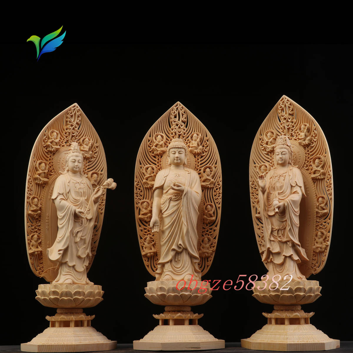 最新作 極上品 木彫り/ 精密彫刻 /西方三聖立像/(約)幅15.5cmx奥行き14.5cm x高さ43cm