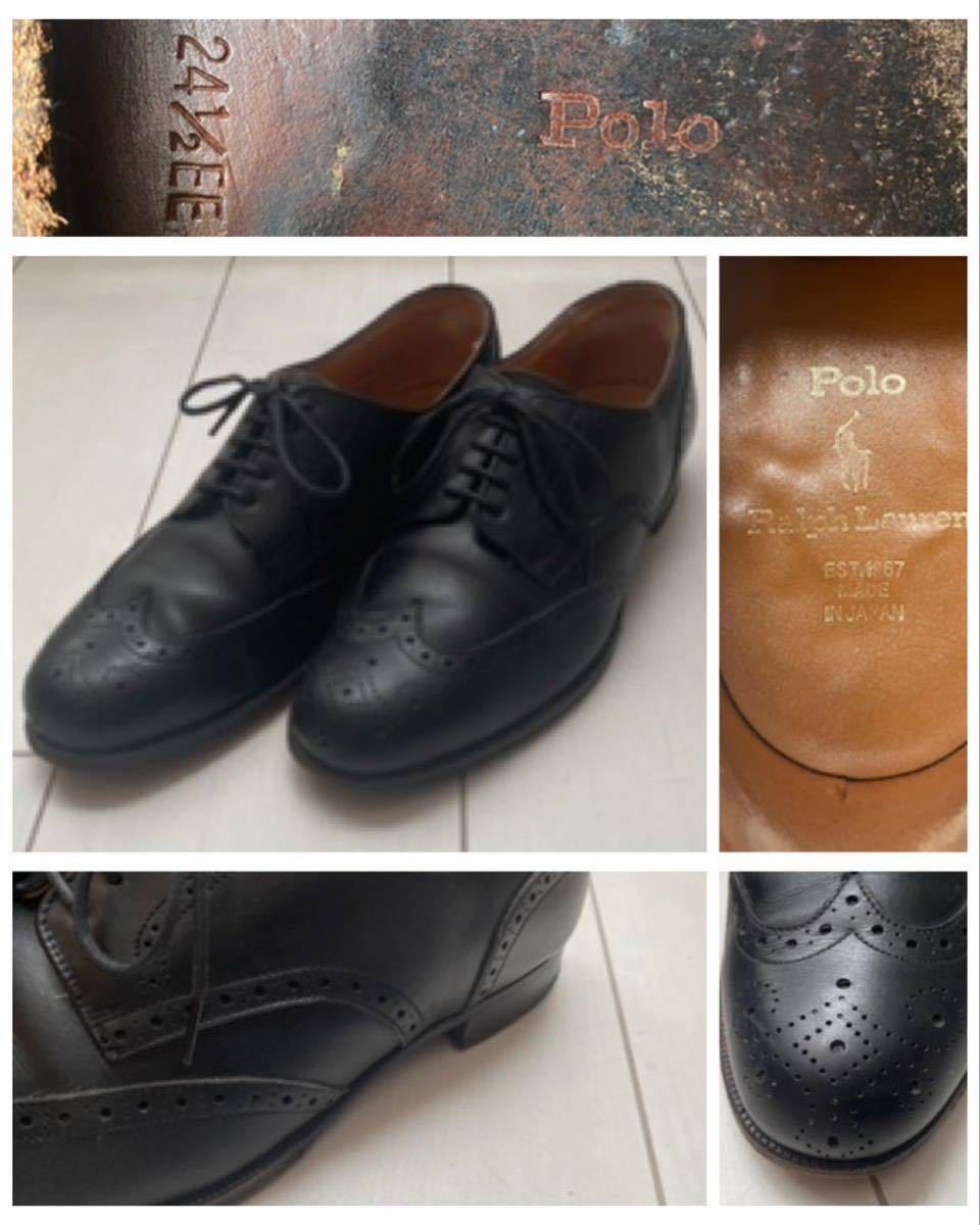 送料無料 MADE IN JAPAN POLO ラルフローレン REGAL 革靴 ウイングチップ ビジネス ドレス シューズ レザー 日本製 BLACK ブラック 24.5cm