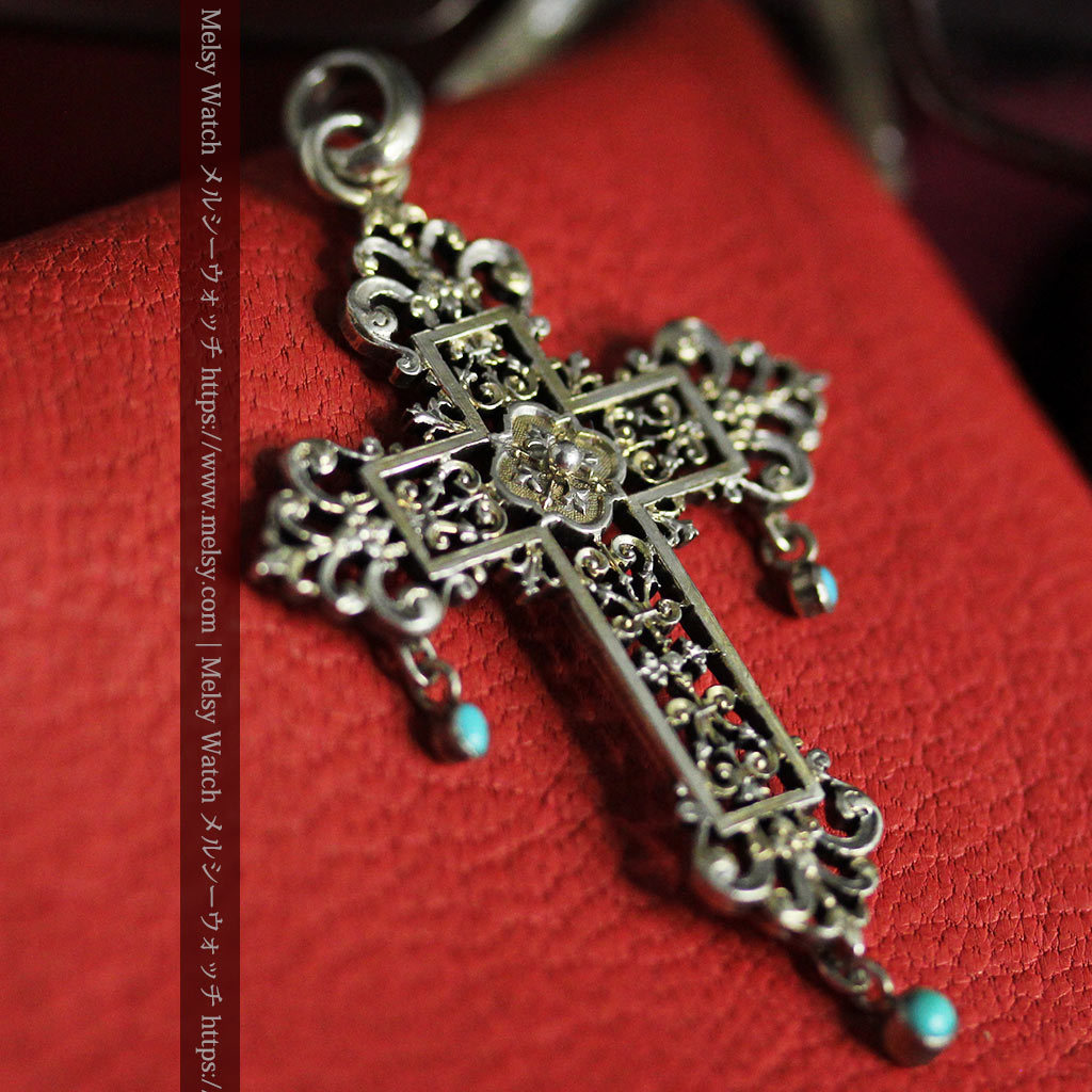 ターコイズとの色合わせが綺麗な銀無垢アンティーククロス・十字架　ロザリオ・ペンダントトップ用 《商品番号A0326》