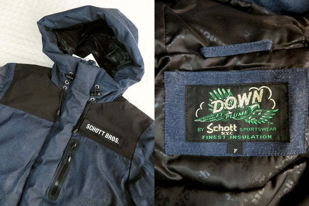 未使用 schott ショット WOMENS 2色使い デニム ダウン パーカ ジャケット 紺 黒 レディース サイズF フーデッド DENIM DOWN 送料無料_画像3