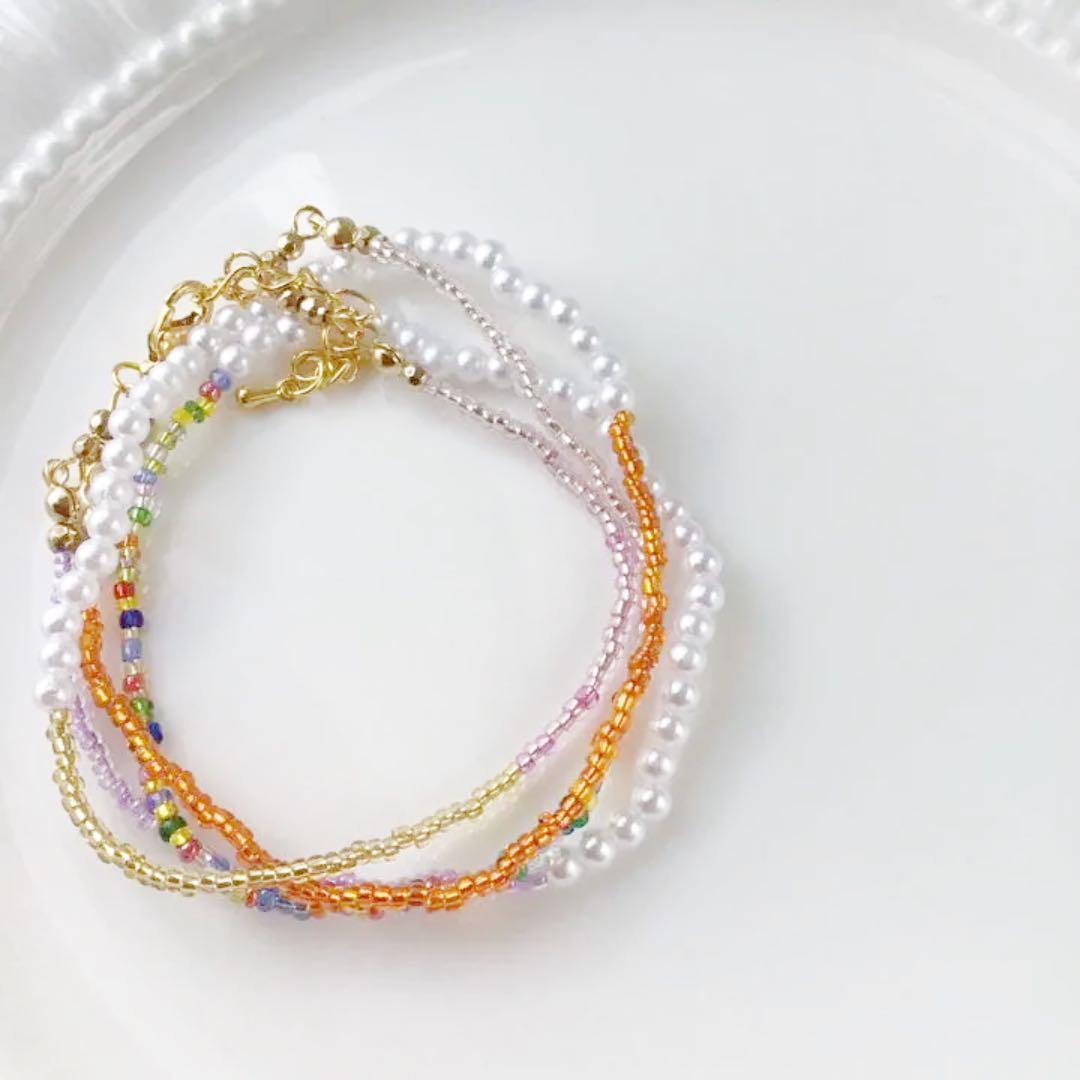 ビーズ2連ネックレス　ハーフパール　オレンジ　ゴールド　マルチカラー　beads jewelry accessories 0546_画像2