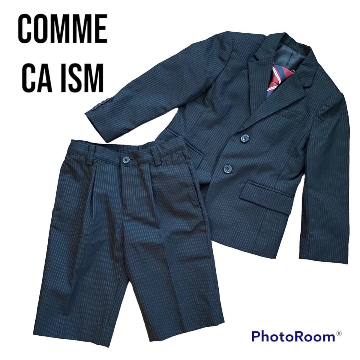 良品 COMME CA ISM コムサイズム キッズフォーマル スーツ セットアップ ネクタイ付き 黒 110Aサイズ ストライプ_画像1