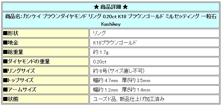 カシケイ ブラウンダイヤモンド リング 0.20ct K18BG ミルセッティング