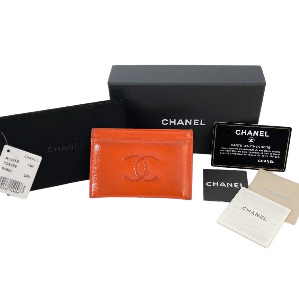 CHANEL シャネル ココマーク カードケース エナメル パテント レザー キャビアスキンオレンジ ギャランティカード タグ 保存袋 箱_画像1