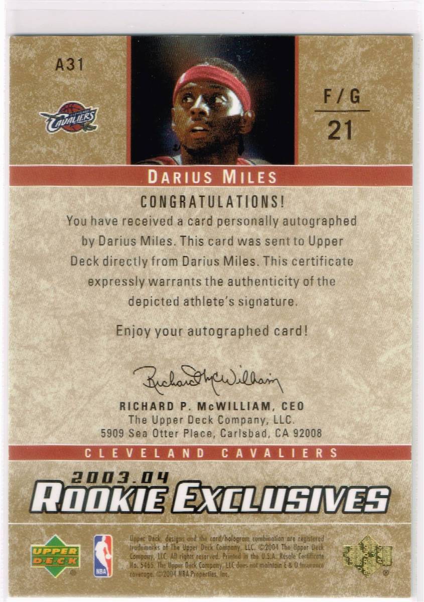 2003-04 NBA Upper Deck Rookie Exclusives Autograph #A31 Darius Miles UD Auto ダリアス・マイルズ 直筆サイン_裏面