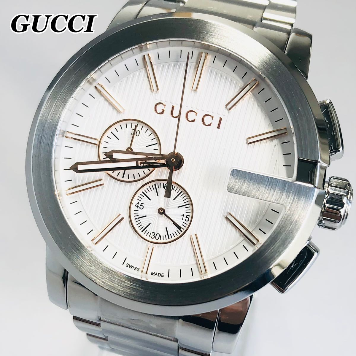 新品】GUCCI/グッチ Gクロノ ホワイト シルバー メンズ腕時計 定価25万