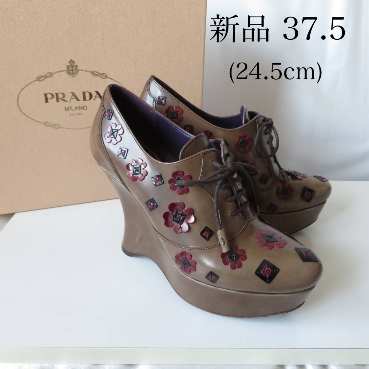 新品 PRADA 極レア フラワーモチーフ ブーティー パンプス ウェッジヒール 厚底 37.5 (24.5cm)