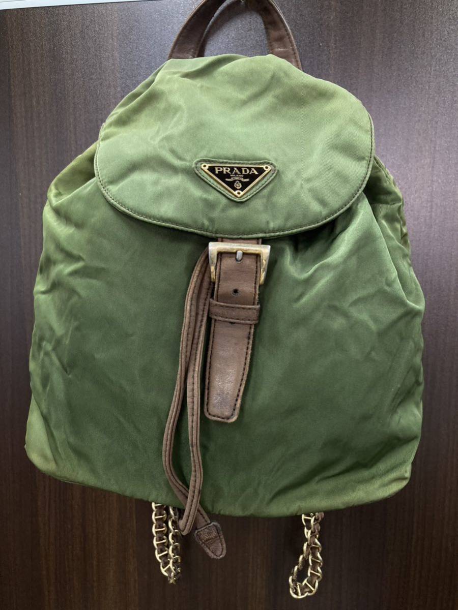 ☆1円スタート☆PRADA プラダリュックカーキ×ブラウンテスートナイロン