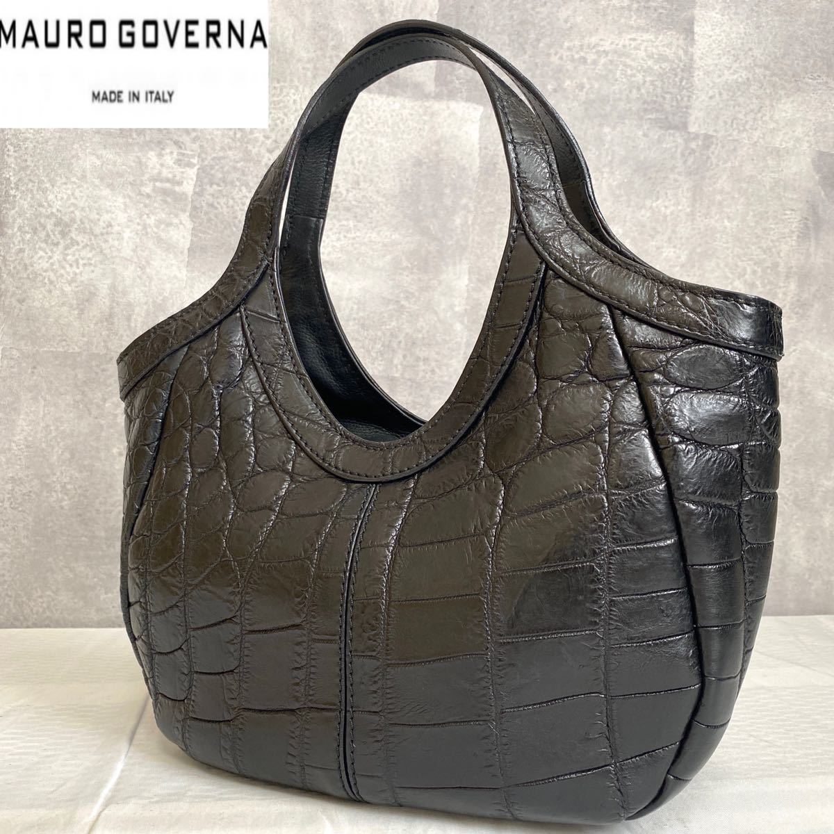 美品】MAURO GOVERNA カーフレザー 黒 ゴールド金具 ハンドバッグ-