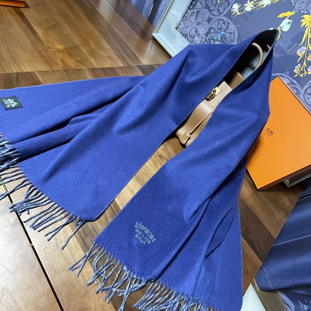 Hermes エルメス カシミア ダブルフェイス ストール グレー ブルー 青