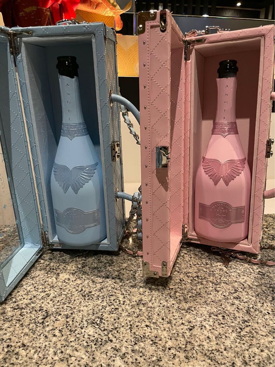 エンジェルシャンパンの空瓶空箱 水色+ピンク色セット ドリンク、水