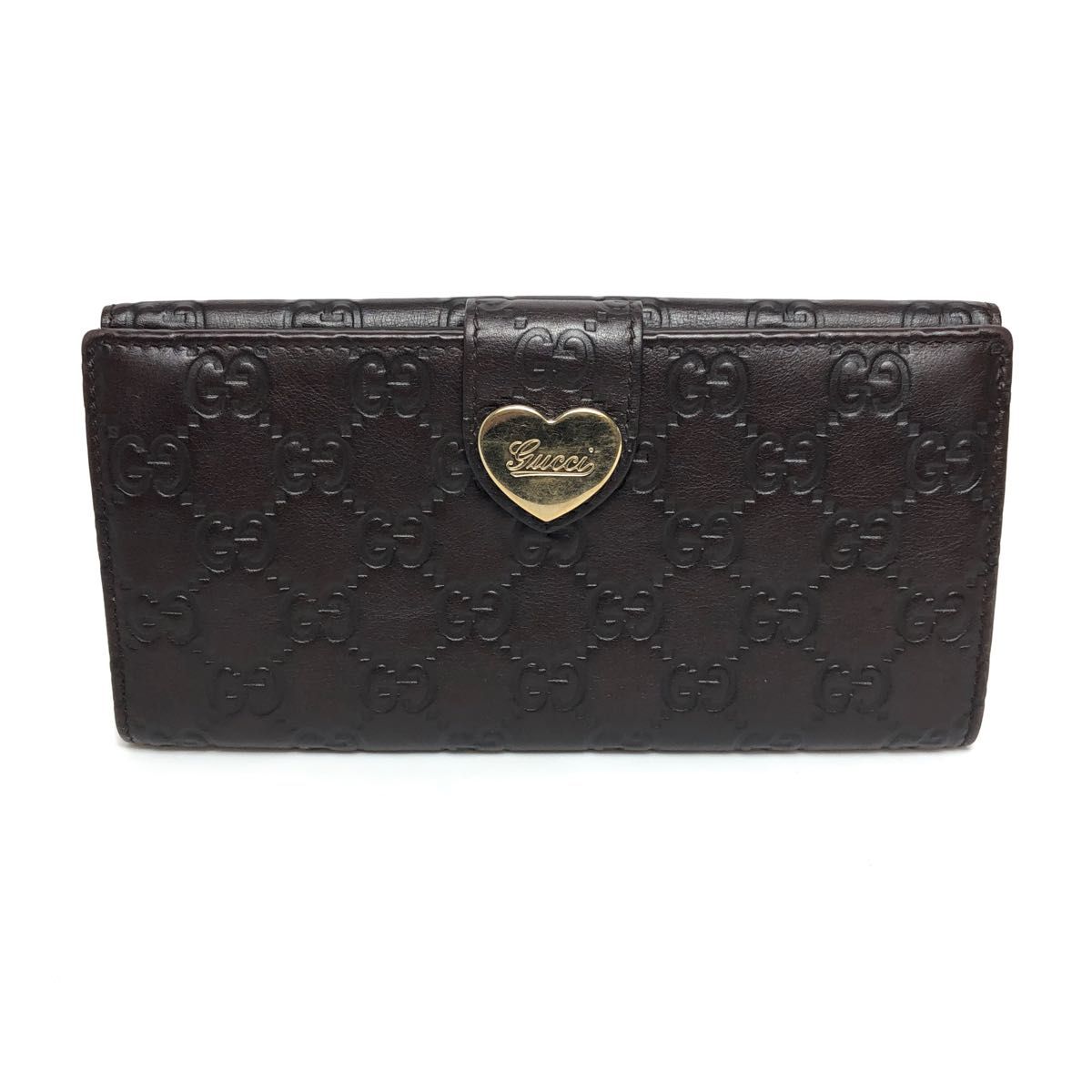 GUCCI グッチ 長財布 Wホック グッチシマ ハート レザー GG こげ茶