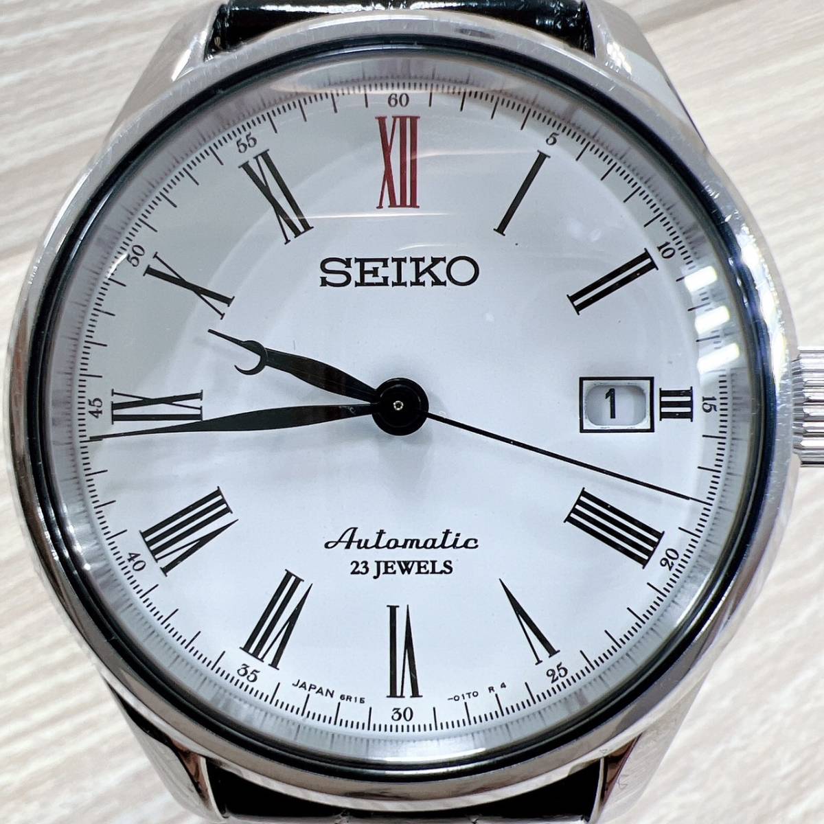 セイコー SEIKO アナログ 3針 自動巻き デイト 腕時計 裏スケ 6R15-02L0 白文字盤 メンズ 稼働品 【10181_画像1