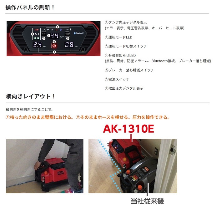 マックス AK-HH1310E 高圧専用エアコンプレッサ 高圧用取り出し口x4個付 AC100V 高圧域吐出量アップ 横向きレイアウト 赤 新品 代引不可_画像3