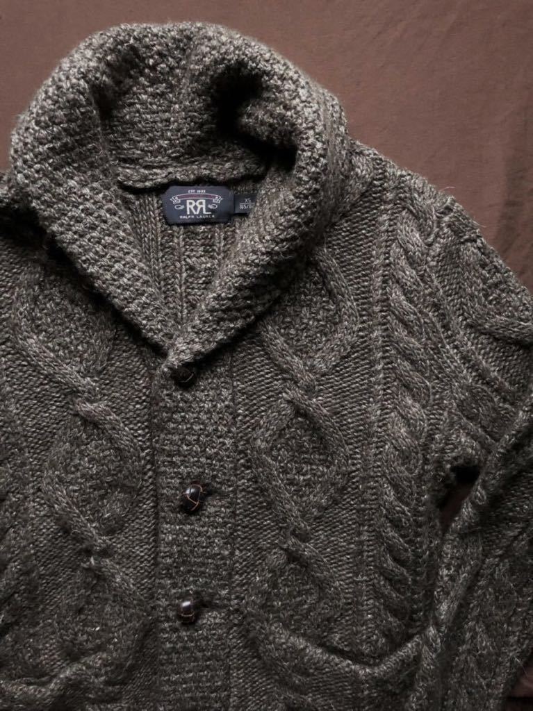 【希少】美品 RRL ARAN KNIT SHAWL COLLAR CARDIGAN ダブルアールエル アラン ケーブル ニット カーキ カーディガン ラルフローレン XSの画像1