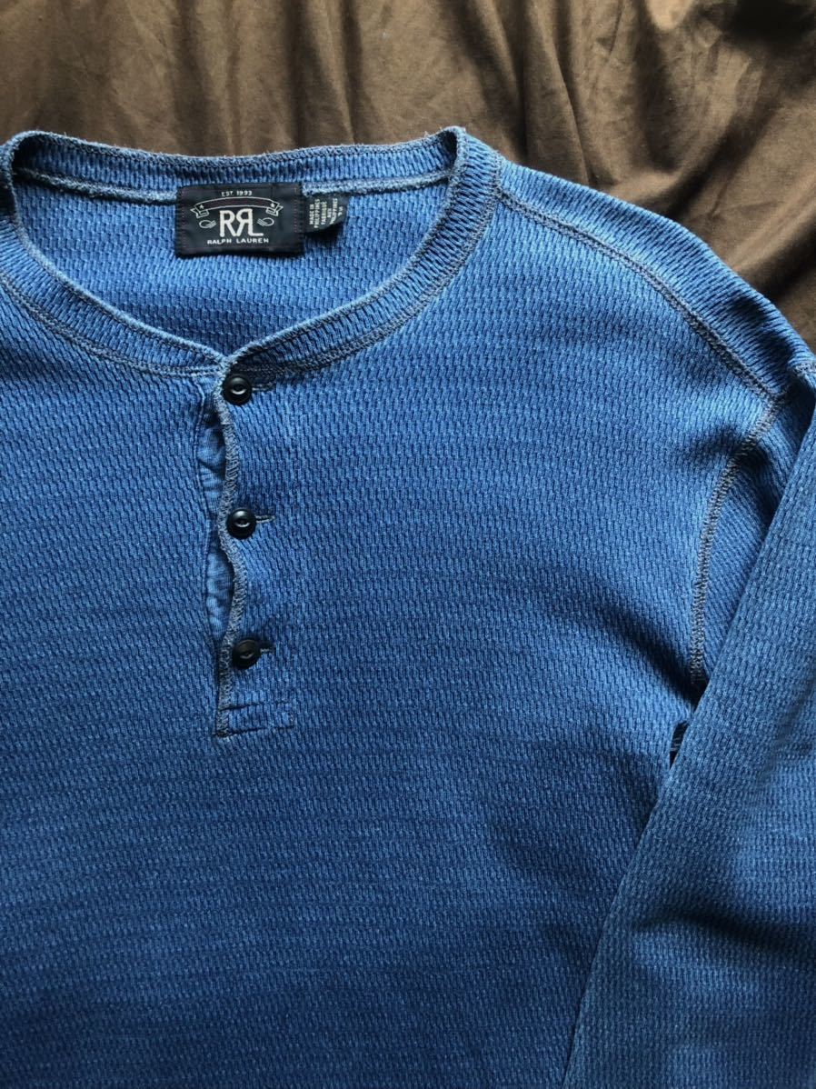 【名作】極美品 RRL INDIGO WAFFLE HENLEYNECK SHIRT ダブルアールエル インディゴ ワッフル サーマル ヘンリーネック シャツ S