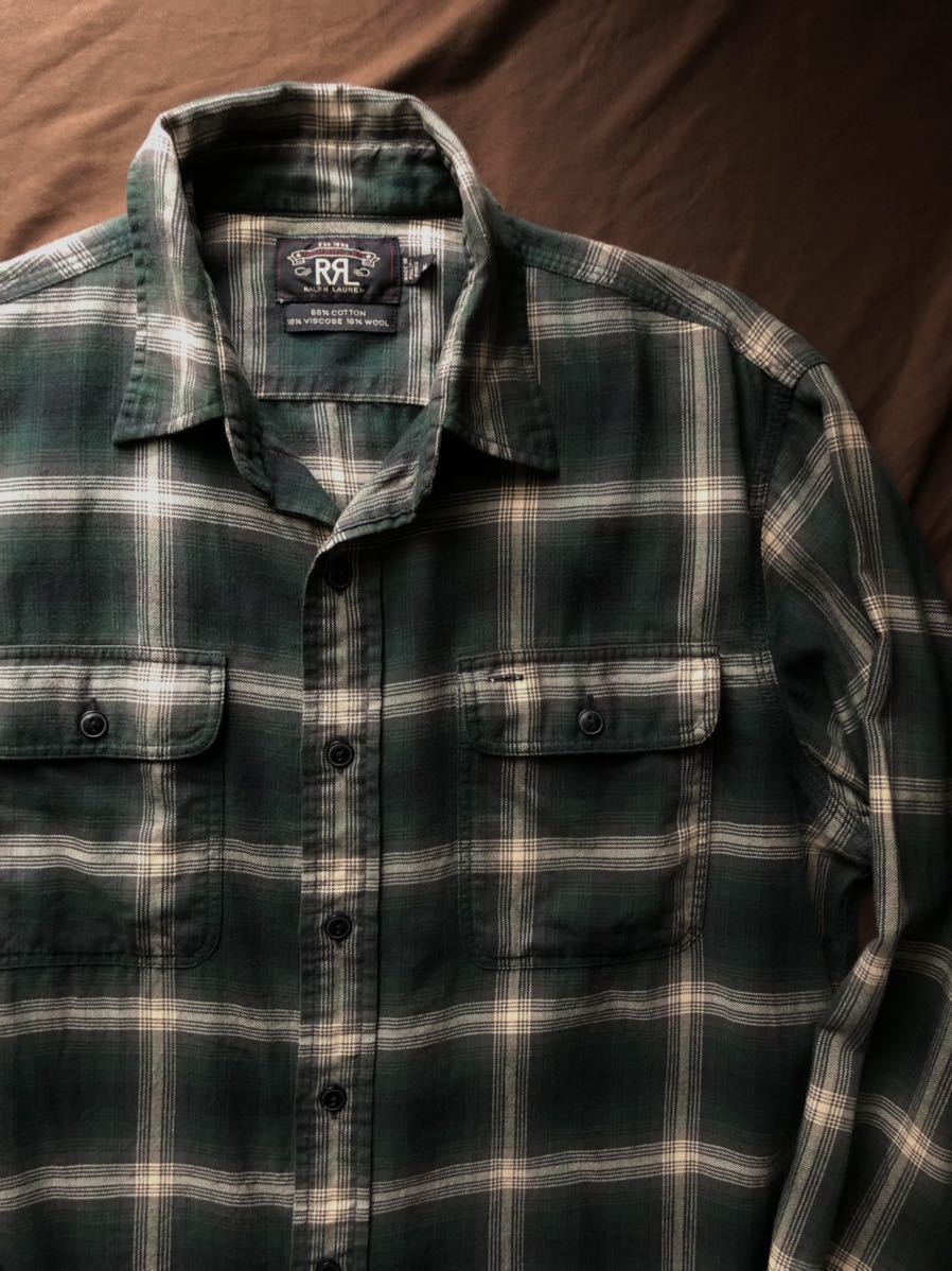 【傑作】極美品 RRL OMBRE PLAID WORK SHIRT ダブルアールエル グリーン ブラック オンブレ プレイド ワーク シャツ ラルフローレン 激渋 M_画像1